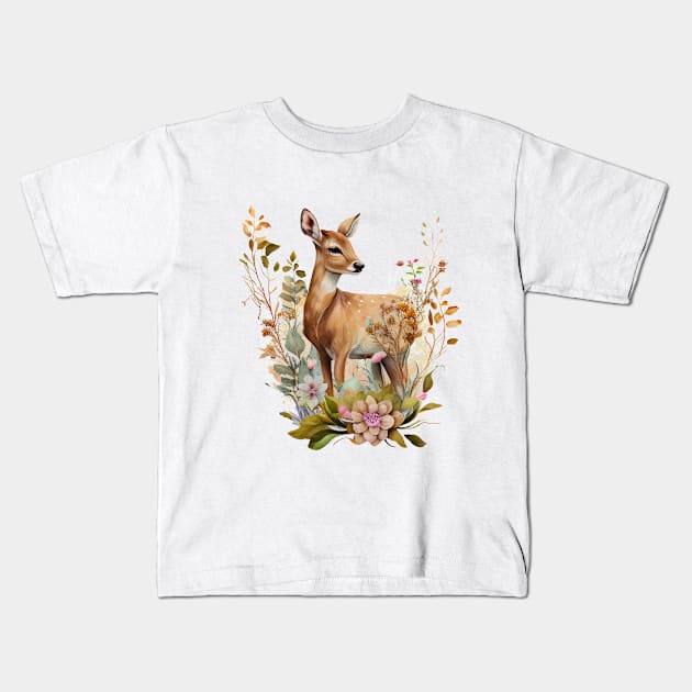 Deer Floral Kids T-Shirt by Mixtgifts